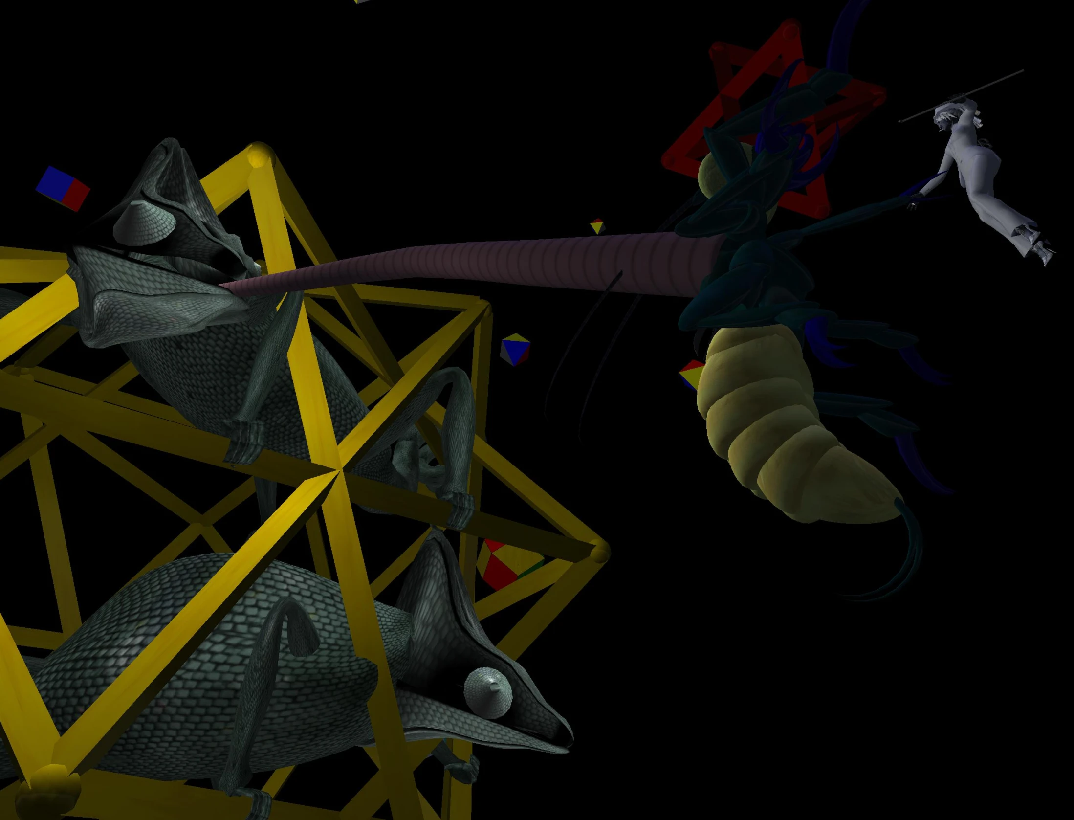 an artistic image of a woman climbing a giant structure with lots of bugs