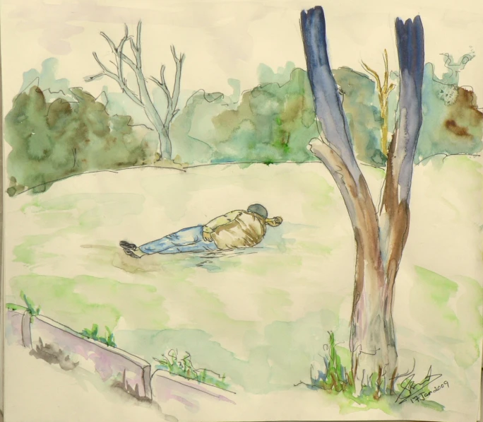 a painting of a person that is laying on a ground