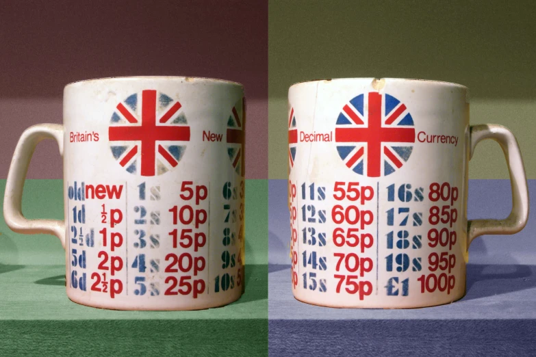 two large mugs with the flags of britain
