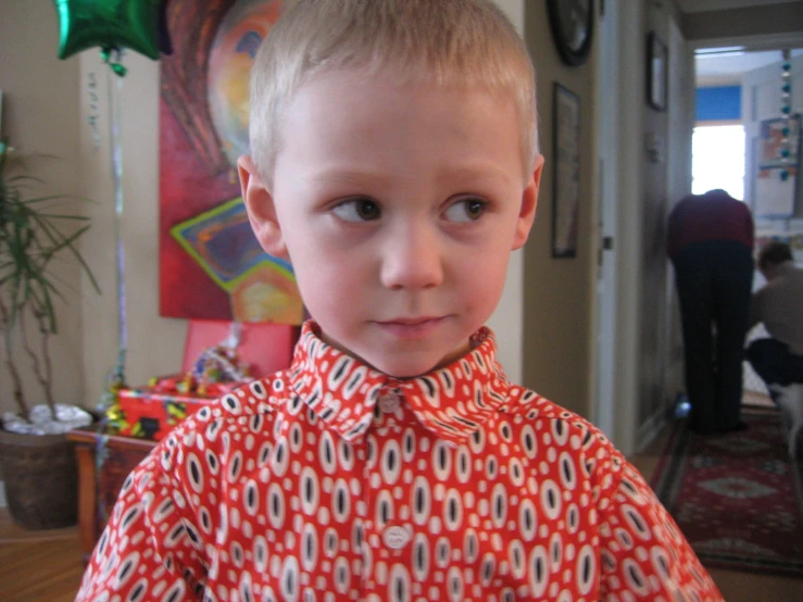 a  in red and white shirt, bow tie, looking at camera