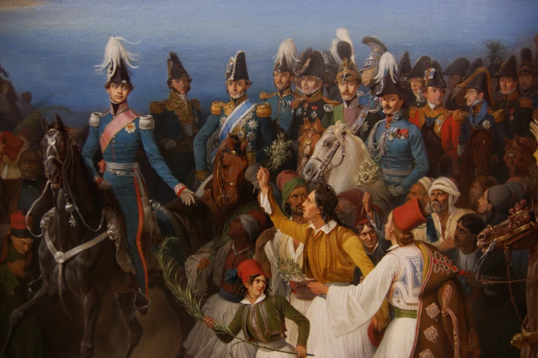 a painting of military people in front of a group of horses