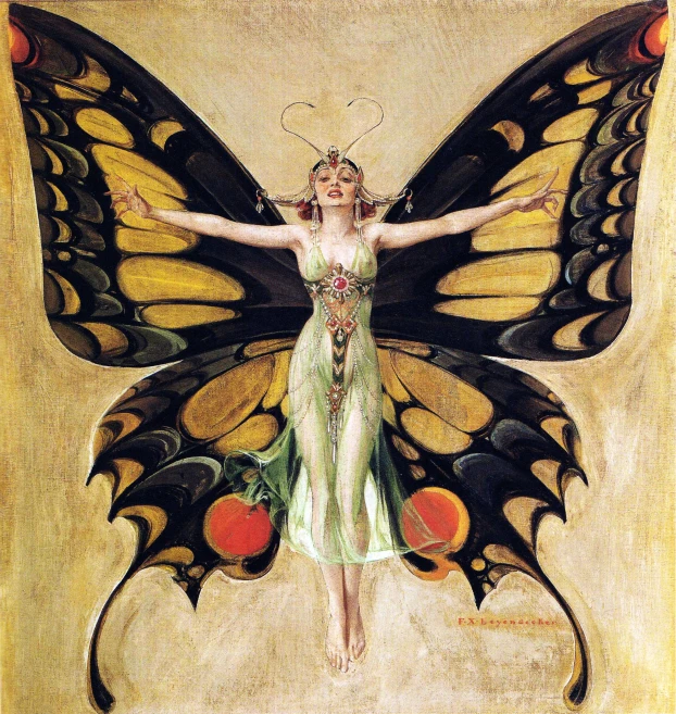 the painting shows a erfly like character with oranges