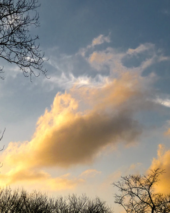 a sky view with some clouds, trees and bushes