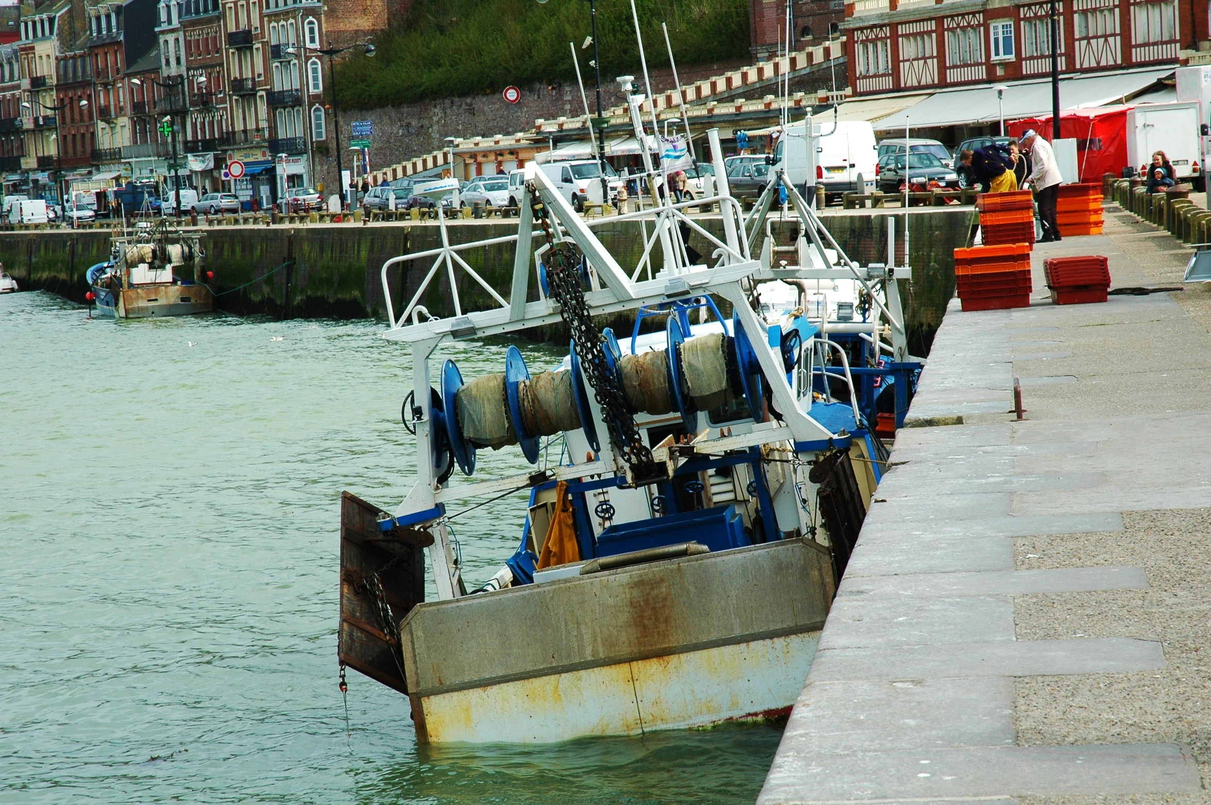 a boat is tied up to the dock