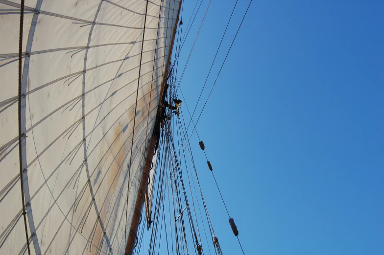 a view from below the mast of a sailboat