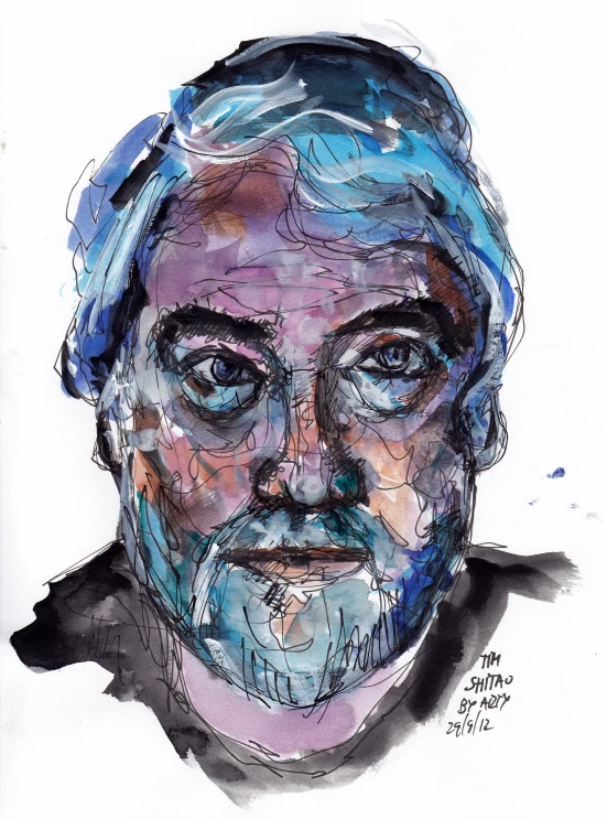 drawing by alex kloskyn of an elderly man with blue hair and beard