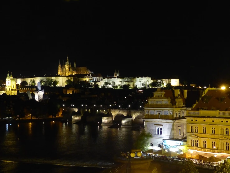 a nighttime s shows the skyline of prague as seen across the river