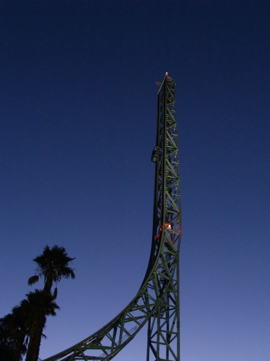 an unusual tower next to a palm tree at night