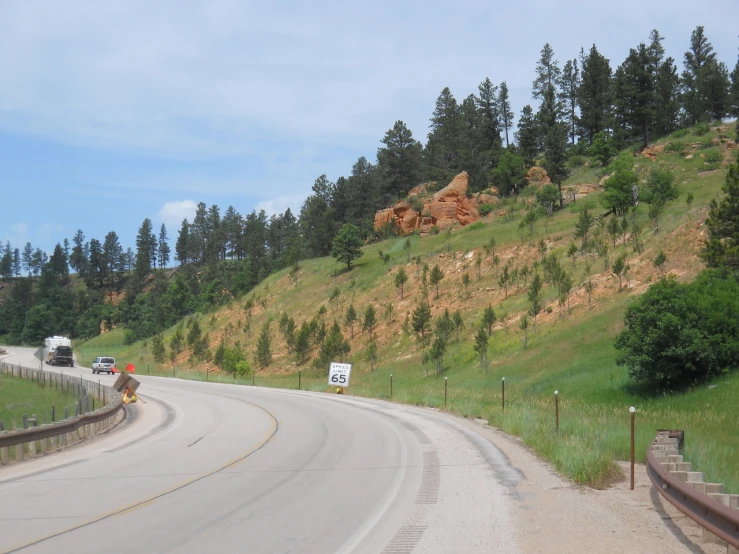 an empty road on a hillside is blocked by trees