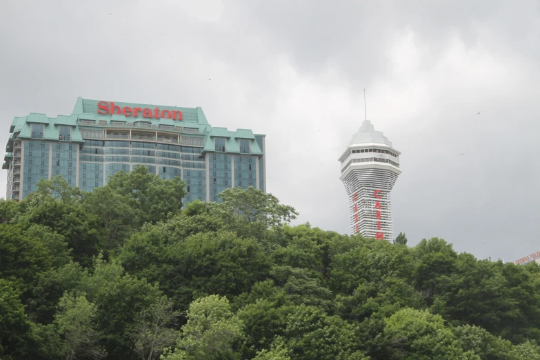 two tall buildings with trees surrounding them