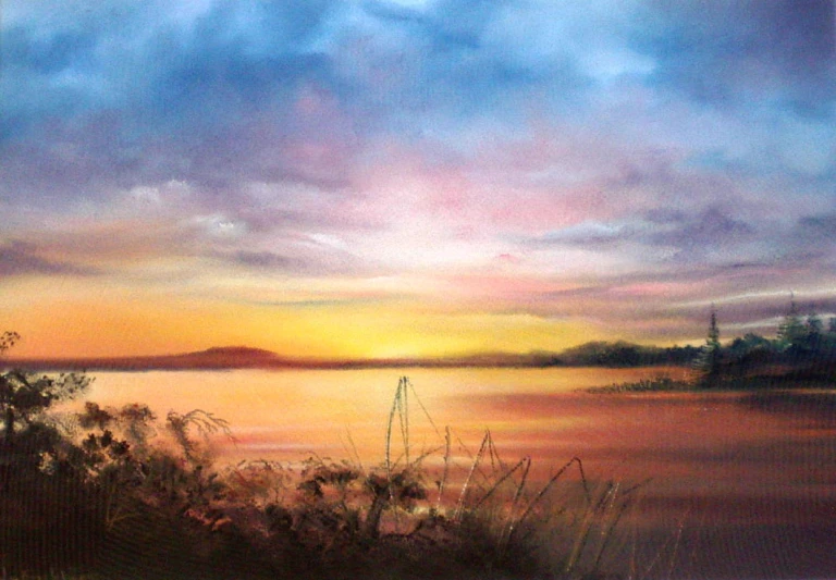 a painting of a sunset on a lake