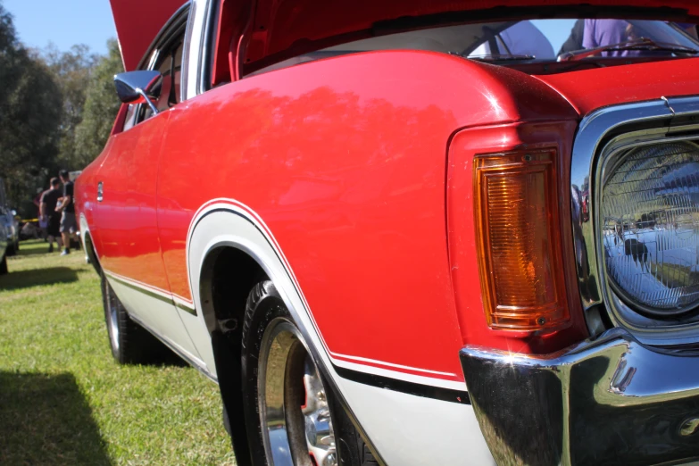 a rear end of an old car parked in grass