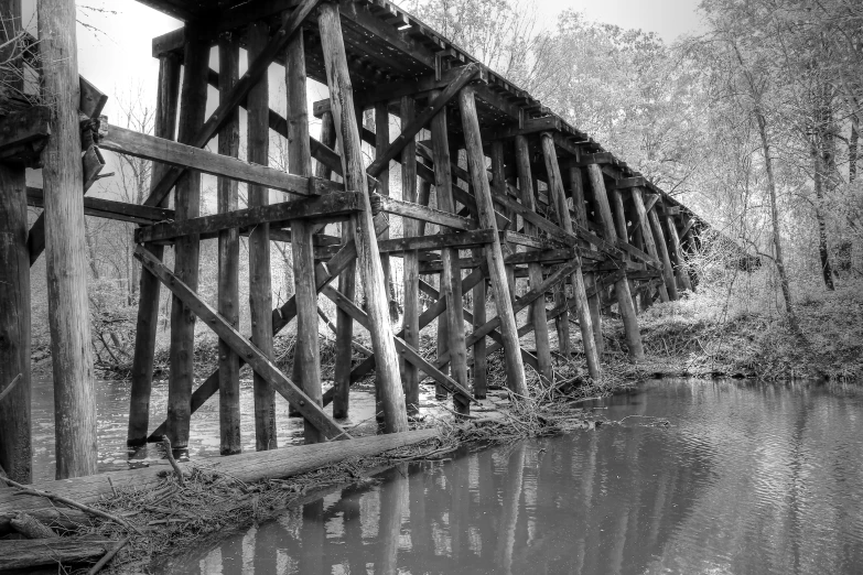 a black and white image of a bridge over water