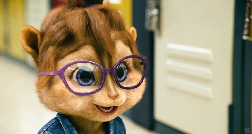 the chipmun doll wearing purple glasses is in front of lockers