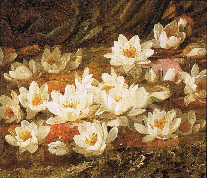 a painting of white waterlilies in a pond