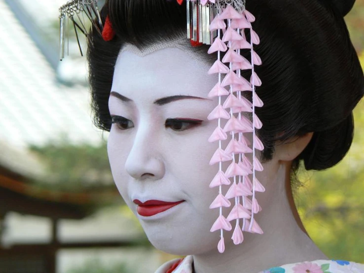 the geisha has pink flowers dangling from her hair