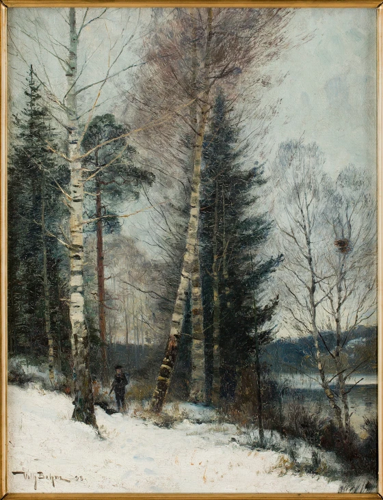a painting with trees and snow on the ground