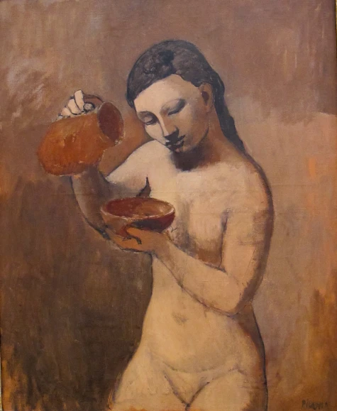 a painting of a  woman holding a tray of food