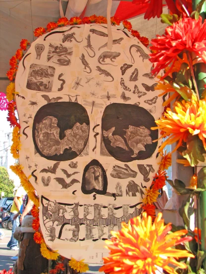 a drawing with cut out images of people, flowers and a skull