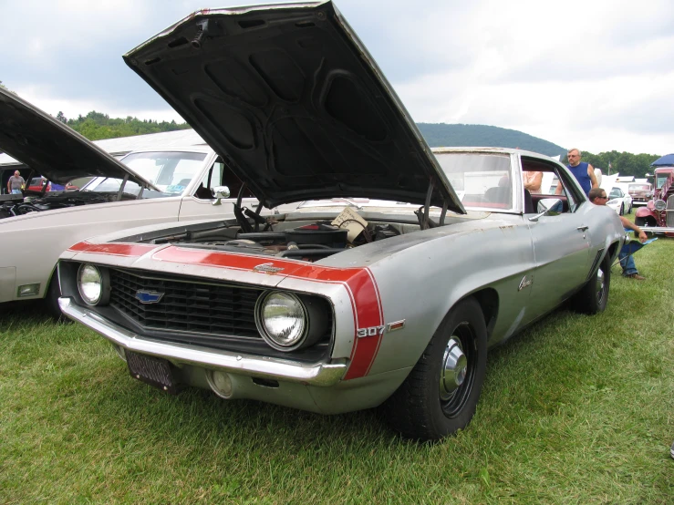 a car with its hood open on some grass