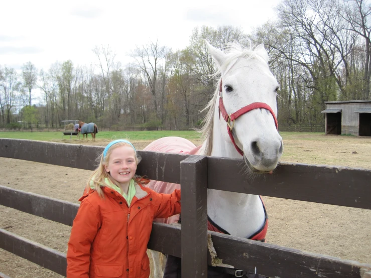 girl standing next to wooden fence with white horse