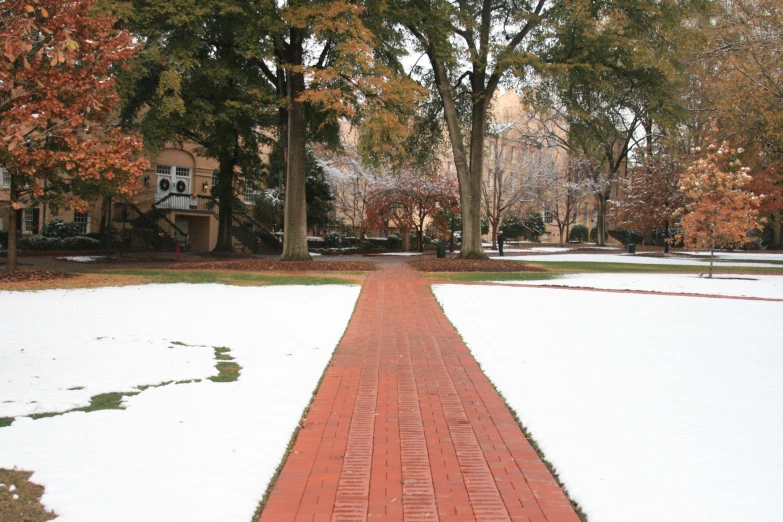 the snow is falling on a brick path