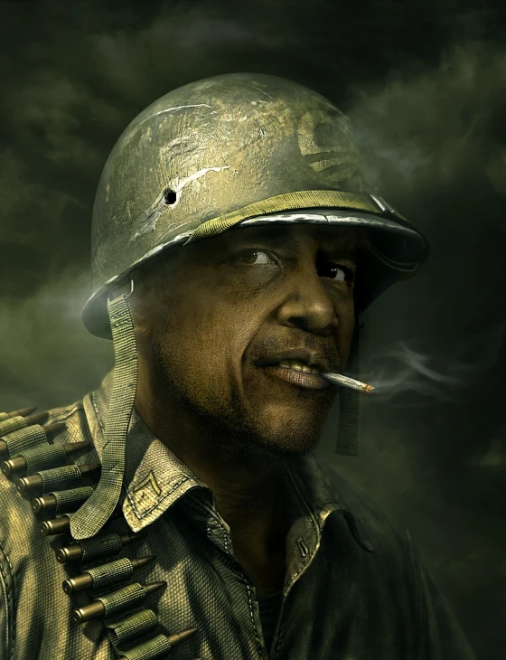 a black man wearing a silver army uniform with smoke coming from his mouth
