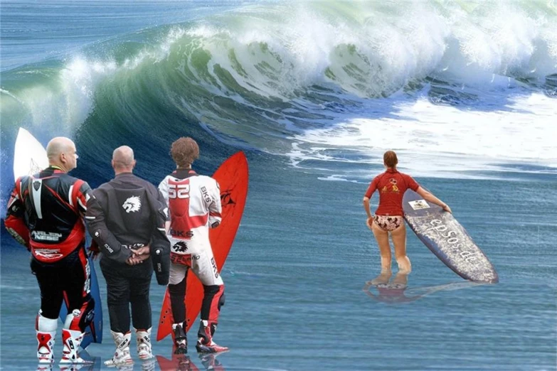 a group of surfers watch a large wave roll in