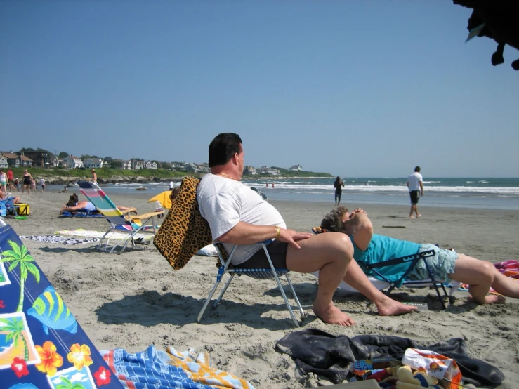 a man and woman sitting in lawn chairs on the beach