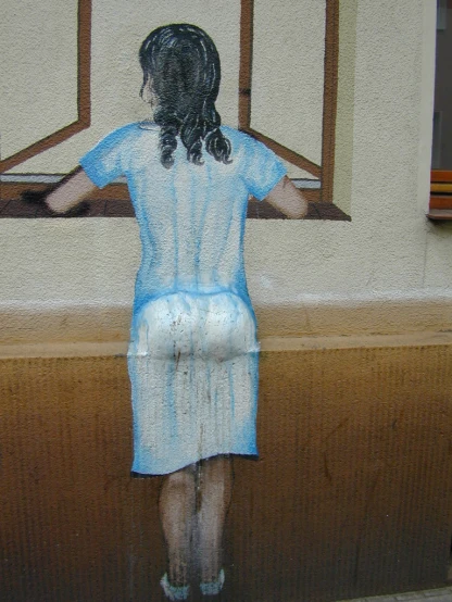 a painting of a person's back with blue shirt on and a window behind
