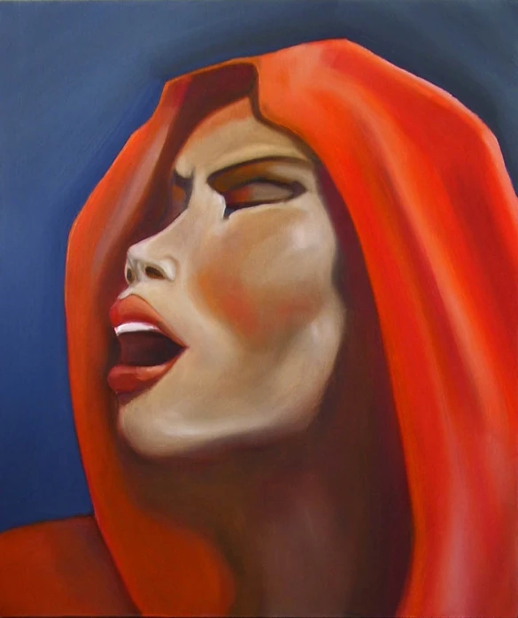 painting of a woman wearing red cloths with one side covering her face