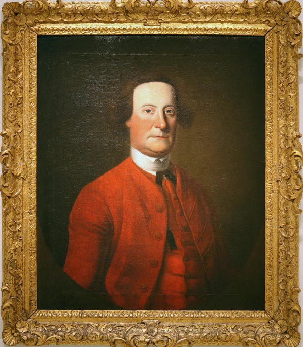 a portrait of an old man in a red coat and tuxedo