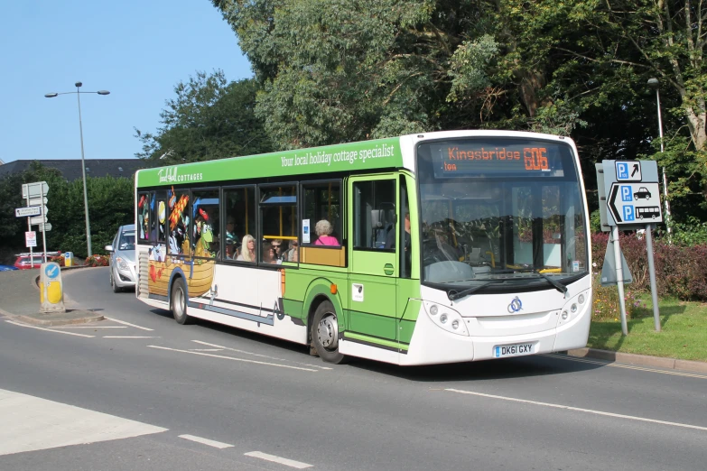 a green and white bus on road with trees