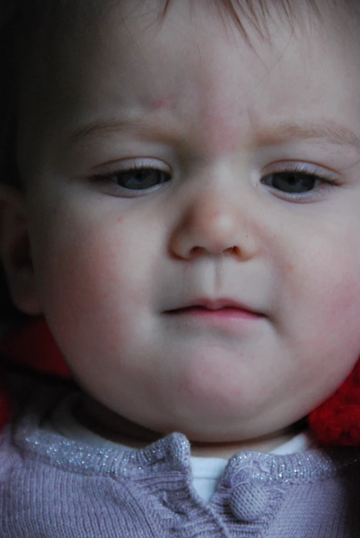 small child wearing a sweater looking straight ahead