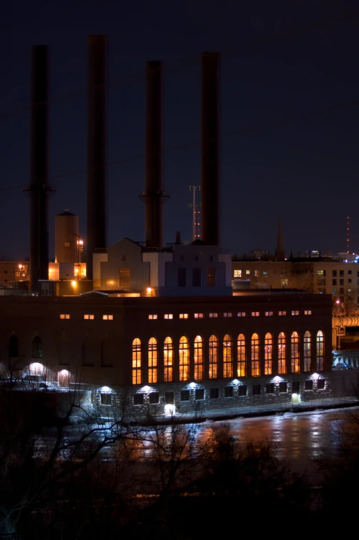 a view of a large industrial area at night