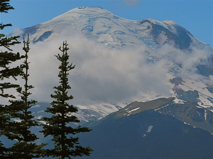 a very tall mountain with snow on it and some trees