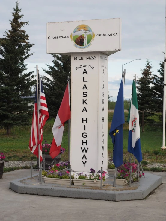 flags on a pole in front of a sign that says lattarche chowy
