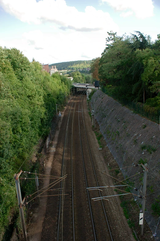 there is a train passing by trees on the tracks