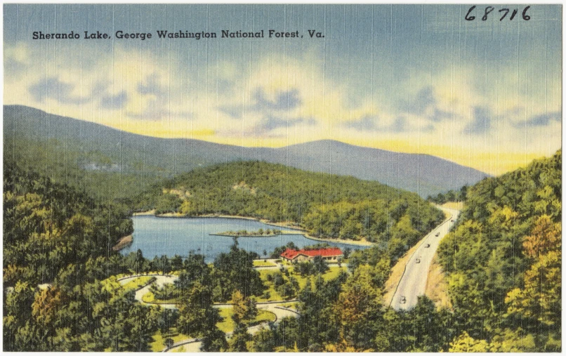 an old postcard shows a scenic overlook in the background