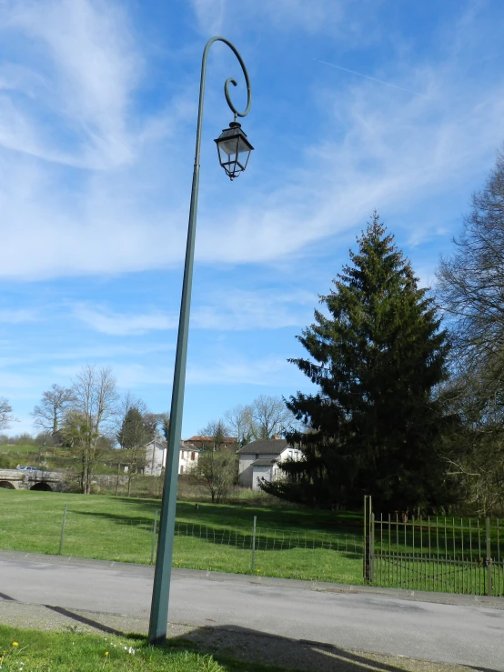 an old fashioned street light stands in a public park