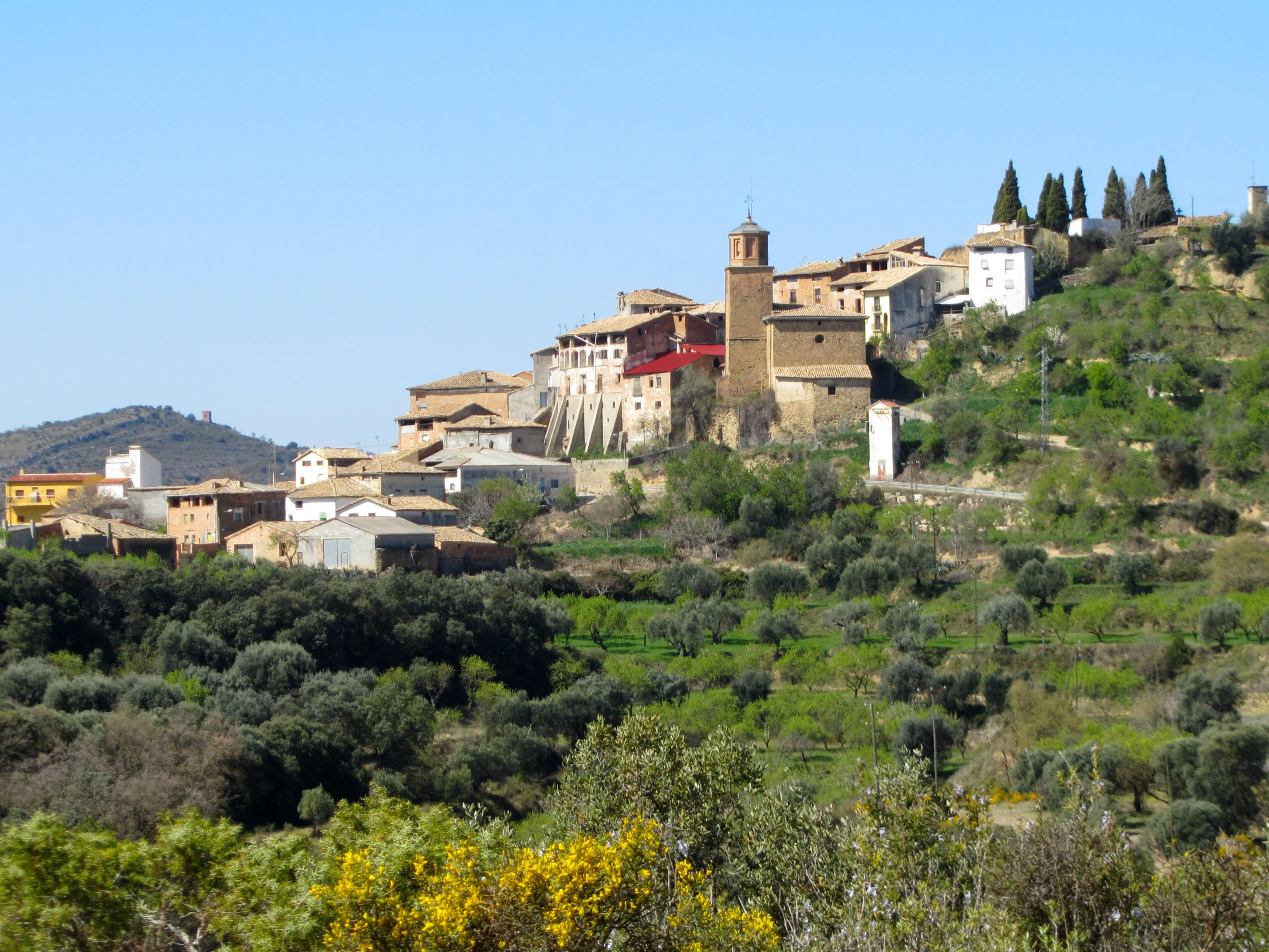 a landscape showing the view of an old village from the road