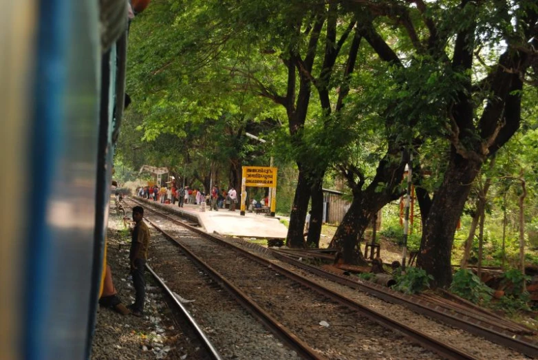 people are walking along the railroad tracks in a wooded area