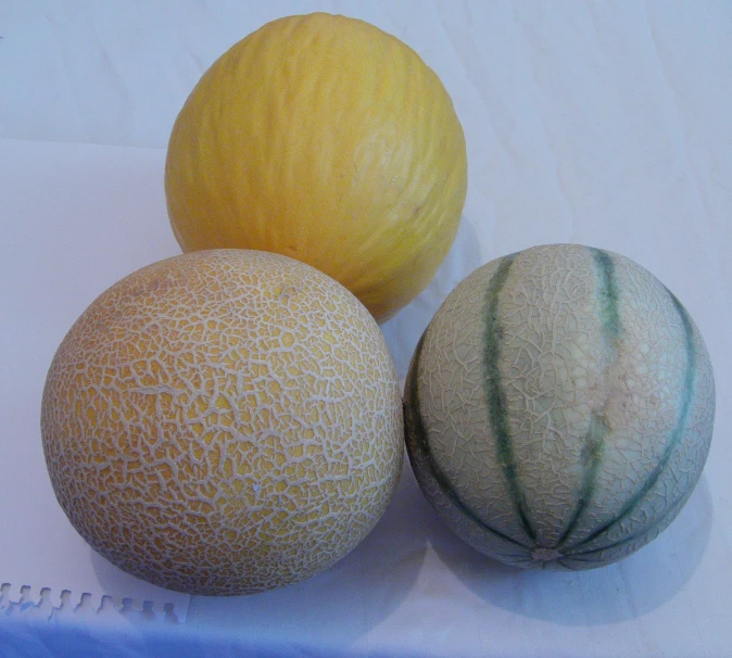 three balls made of watermelon and yellow melon