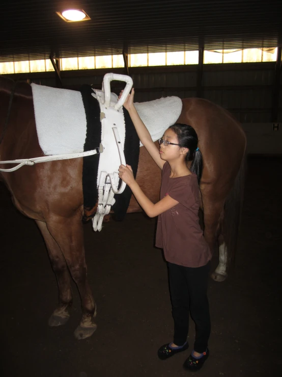 a  getting on a horse with a harness