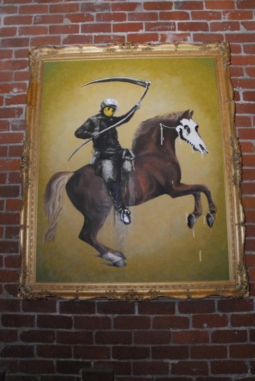 a painting of a man on a horse in front of a brick wall