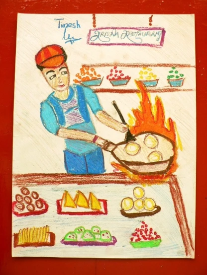 a drawing of a man cooking food in front of a red wall
