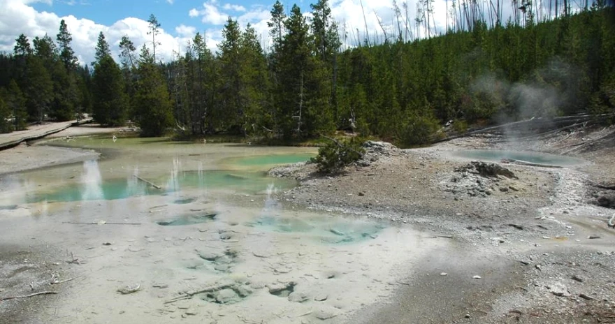 a large pond that has a steam in it