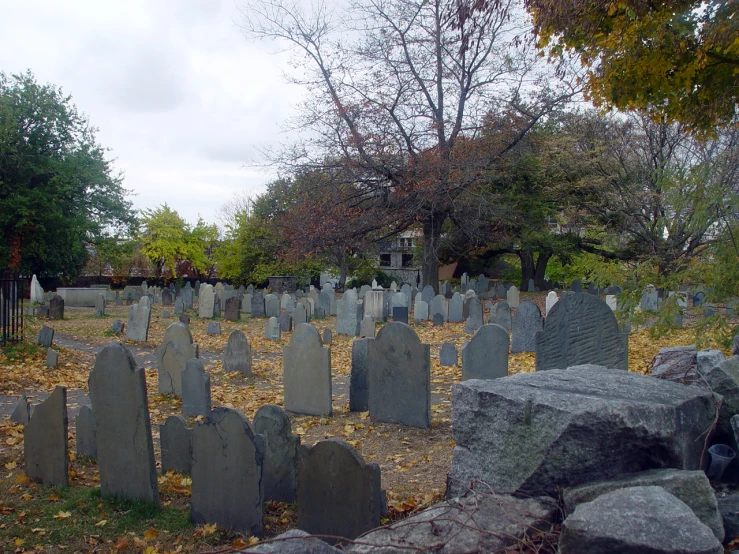 a large group of headstones sit in a cemetery