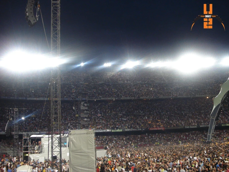 large stadium scene with several lights shining