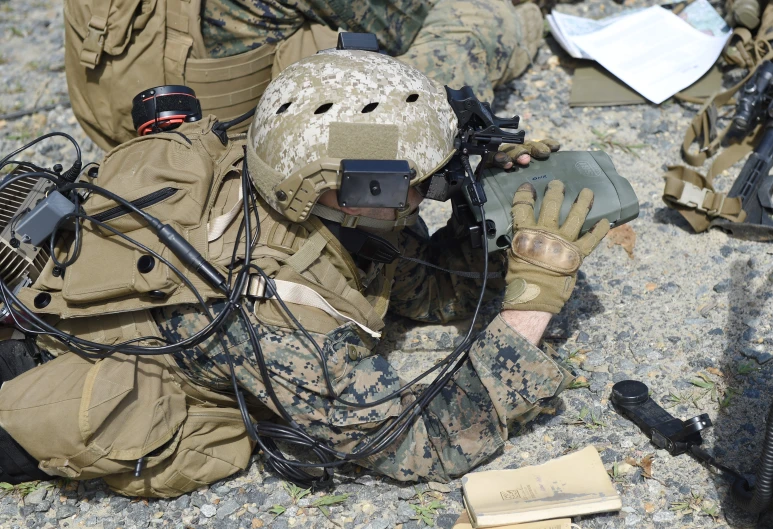 a man in camouflage gear is surrounded by other soldier equipment